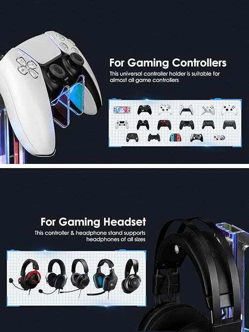 OAPRIRE Headset and Controller Stand with Lights, 2 Tier Acrylic Game Controller Holder, Controller and Headset Stand for Desktop,Universal Design Compatible with PS5/PS4/XBOX/SWITCH (Black)