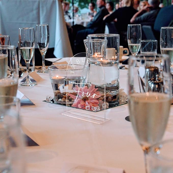 JINMURY Clear Arch Wedding Table Numbers 1-10 with Stands, 5x7 Inch Acrylic Arch Sign with White Lettering, Clear Acrylic Table Numbers for Wedding Reception