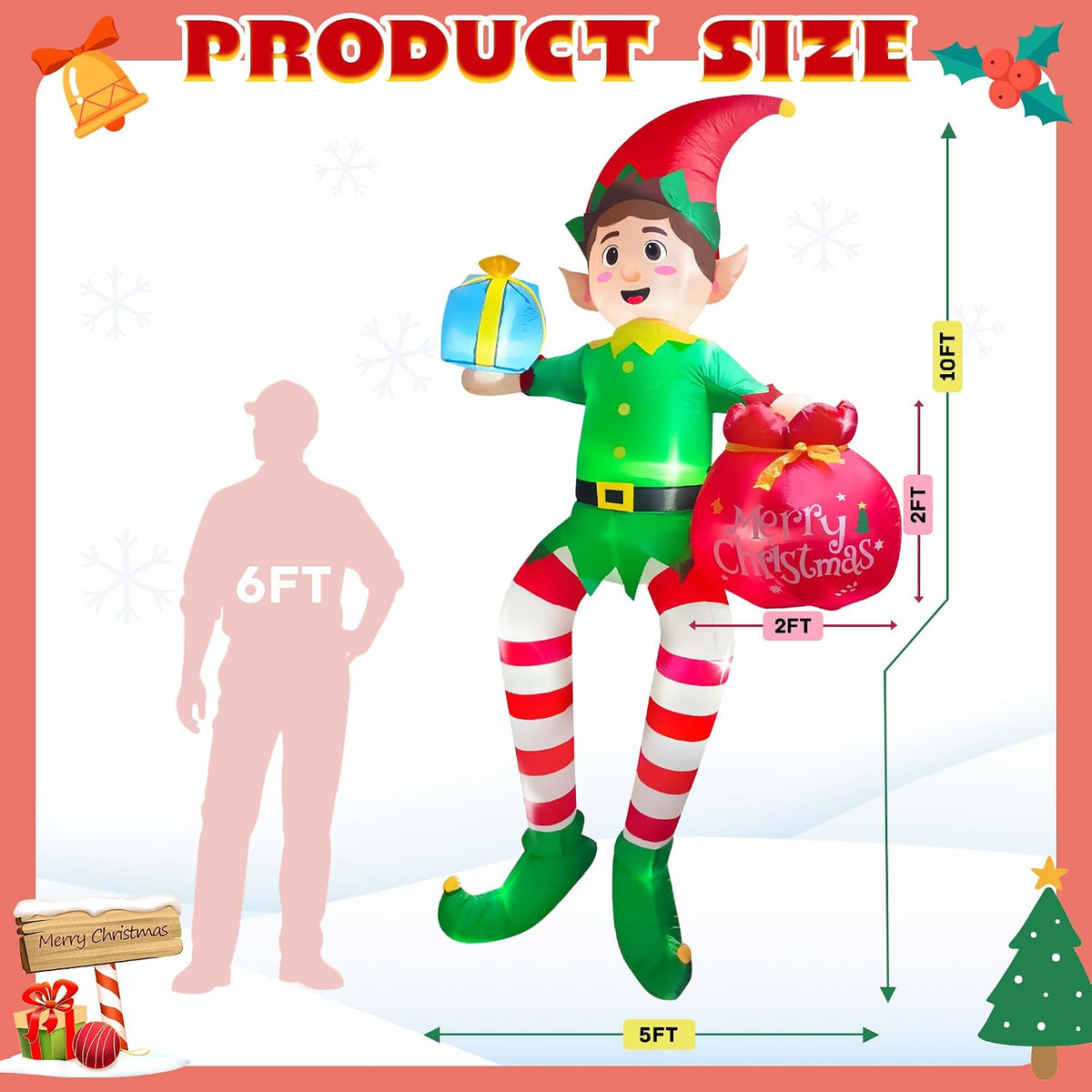 10ft christmas inflatable outdoor decoration, sitting elf holding shown in use