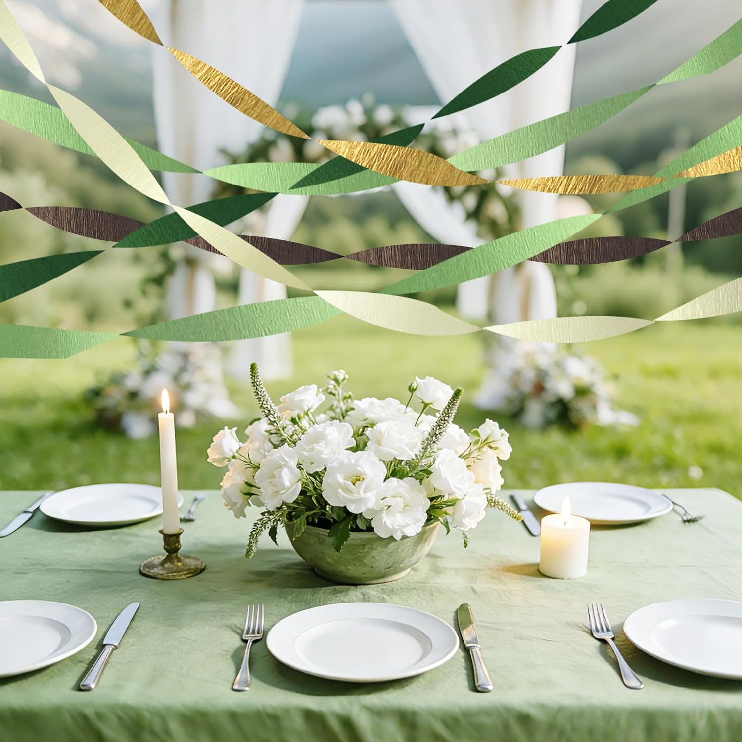 AOYOO 5 Rolls Crepe Paper Streamers - Sage Olive Green, Gold & Ivory Party Decorations for Wedding, Bridal Shower, Engagement, Boho Eucalyptus Birthday Backdrop St. Patrick's Day (Not Fabric Ribbon)