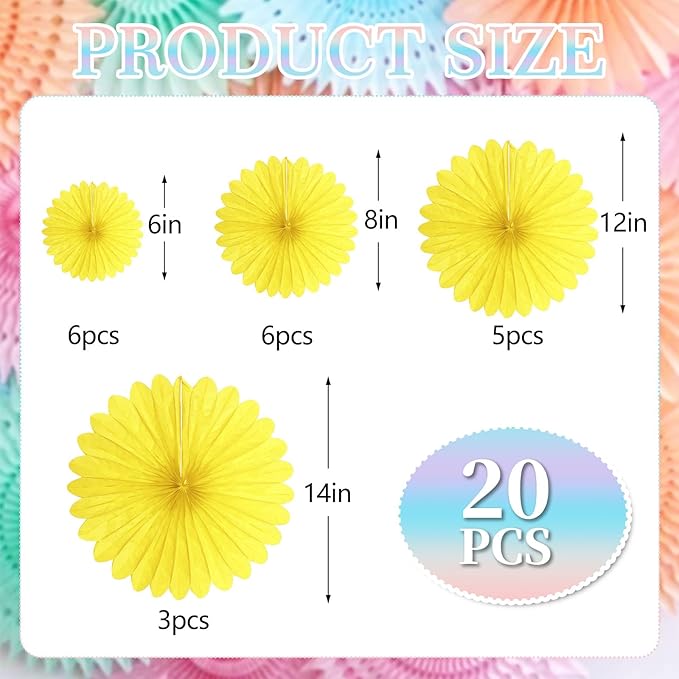 20 Pcs Light Yellow Hanging Paper Fan, Round Paper Fans Decorations Set for Weddings, Birthdays, Engagement, Bridal Shower, Baby Shower Event, Graduation, Party Supplies Decor