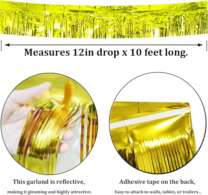 6 Pack Gold Total 60 Feet Foil Fringe Garland Metallic Tinsel Banner Wall Hanging Drapes Parade Float Skirting Decorations for Trailer Mardi Gras Party Birthday Wedding (Gold)