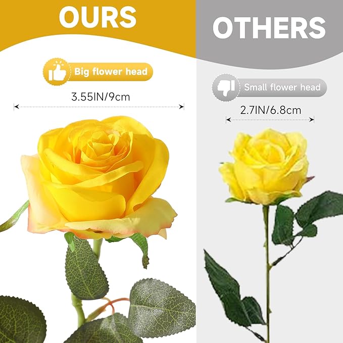 Tifuly Yellow Roses Artificial Flowers -12 pcs Realistic Single Long Stem Fake Silk Roses Bouquet for Party Home Wedding Centerpiece Office DIY Decor