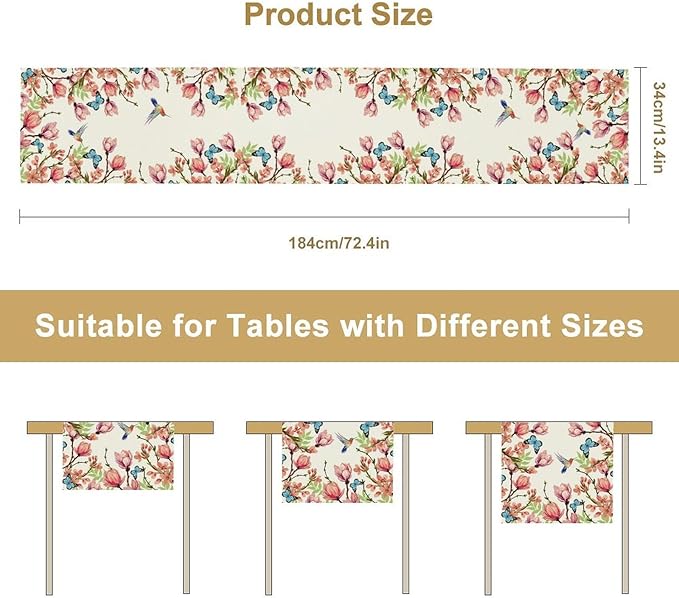 Flowers Table Runner,Floral Bird Butterfly Spring Table Cloth Kitchen Dining Table Home Party Decoration 13x60 Inch