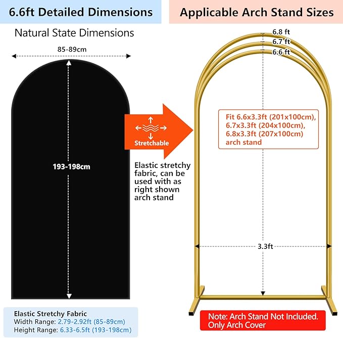 Hemmotop 6.6 ft Black Spandex Arch Cover (No Arch Stand), Spandex Arch Covers Stretchy Backdrop, Balloon Arched Cover 2-Sided, Arches for Backdrop for Wedding, Baby Shower Party Decoration