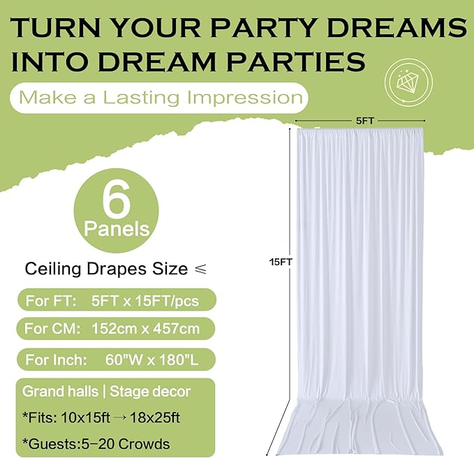 PartyVillage 30ft×15ft White Backdrop Curtain for Wedding Parties, 6 Panels Wrinkle Free 15 FT Long Polyester Photo Backdrop Drapes Back Drop Cloth for Birthday Photography Background