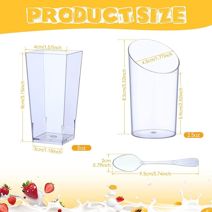 Nuogo 100 Pcs Mini Dessert Cups with Spoons Include 3 oz Square Plastic Appetizer Cups 2.5 oz Slanted Round Parfait Shooter Cup Small Clear Mousse Pudding Cup for Wedding Baby Shower Birthday Party