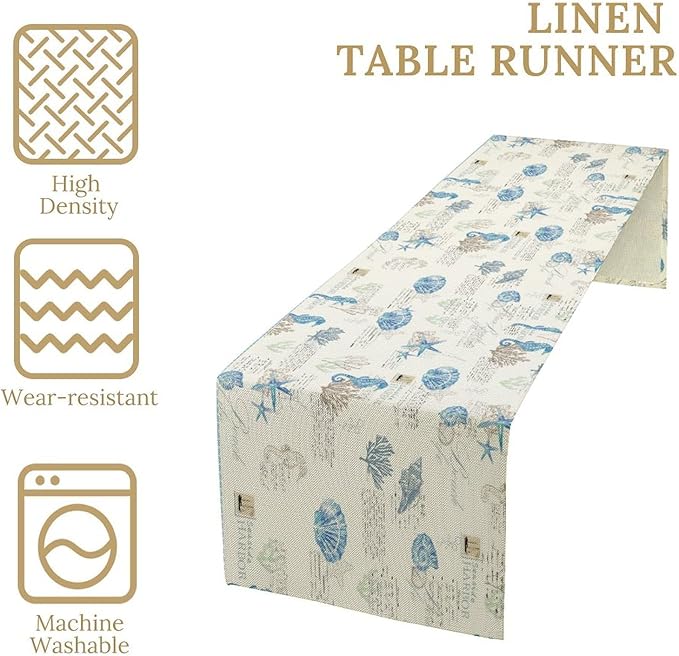 Starfish Table Runner,Vintage Nautical Seashell Tropical Beach Theme Coastal Ocean Sea Burlap for Hotel Indoors Outdoor Dining Room Kitchen Tablecloth, 13x36in