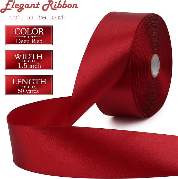 Deep red Solid Satin Ribbon 1-1/2 Inch 50 Yards Solid Polyester Fabric Ribbon for Gift Wrapping Wedding Christmas Baby Shower Birthday Party Decoration Handmade Immortal Flower Craft