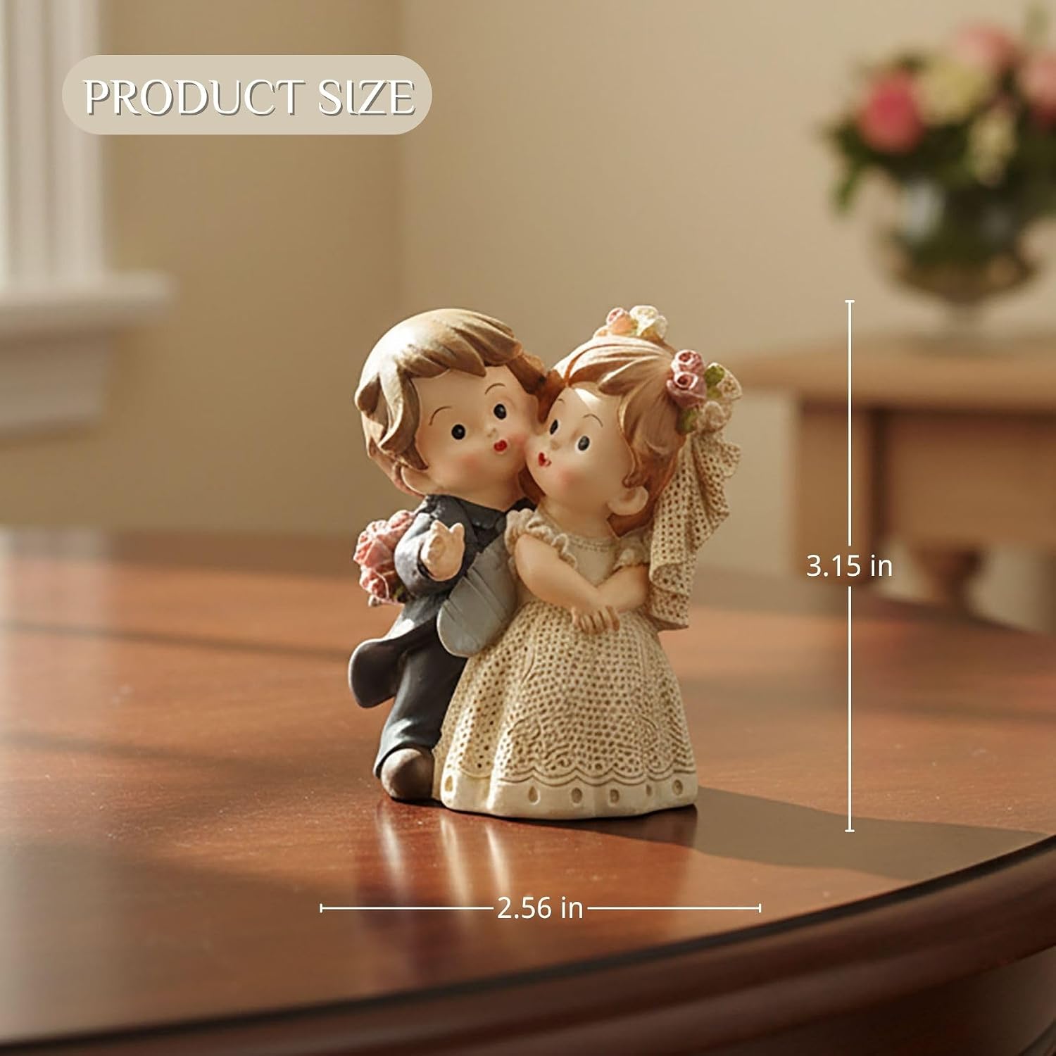 Bride and Groom Figurine, Romantic Wedding Couple Statue, 3.15 Inch | Hand-painted resin wedding cake topper with floral details for reception tables, keepsake displays and romantic gifts