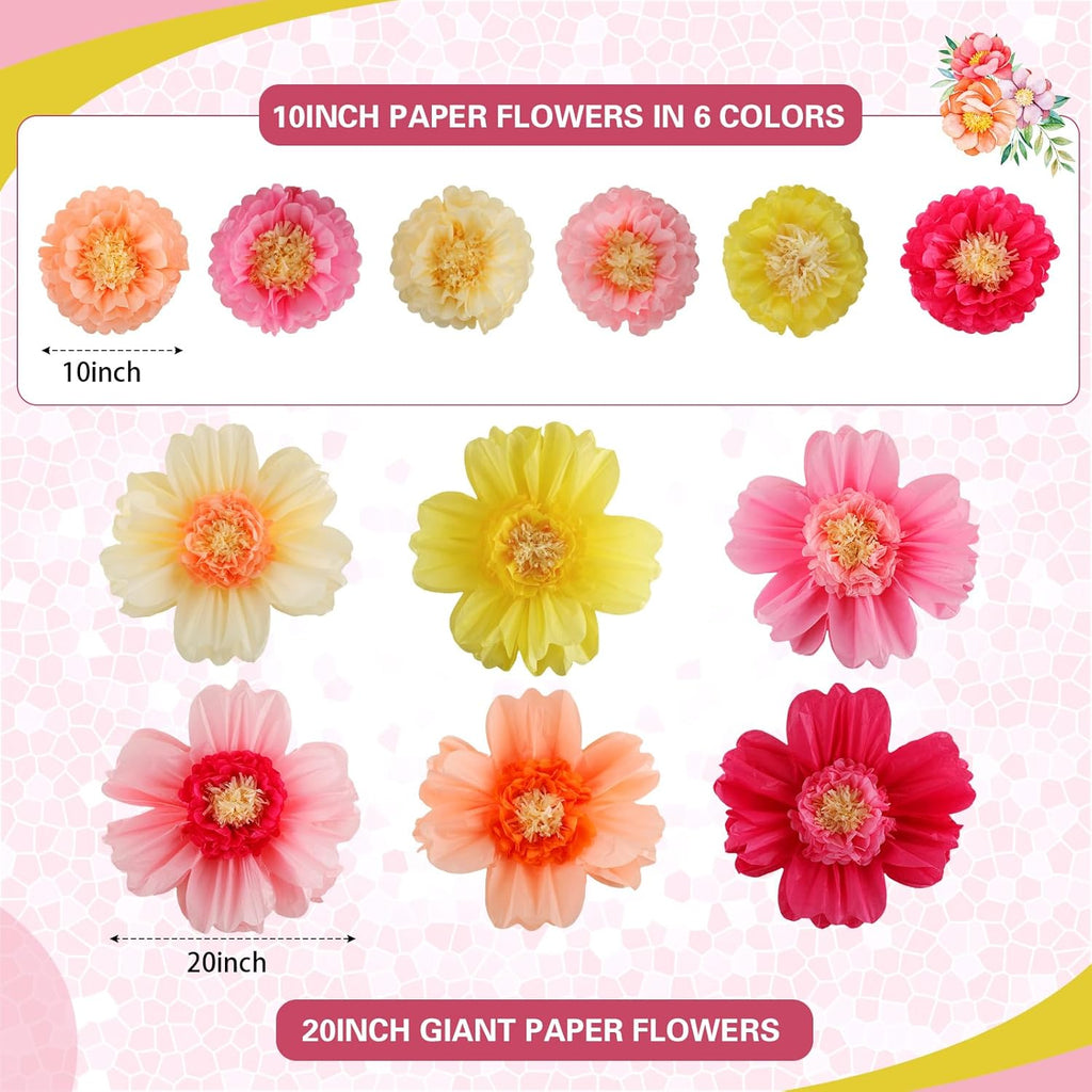 Crowye 12 Pcs Large Colorful Tissue Paper Flowers Decorations Giant Fiesta Craft Crepe Paper Flowers for Wall Decor Backdrop Mexican Wedding Birthday Carnival School Party (10'' 20'',Fresh Color)
