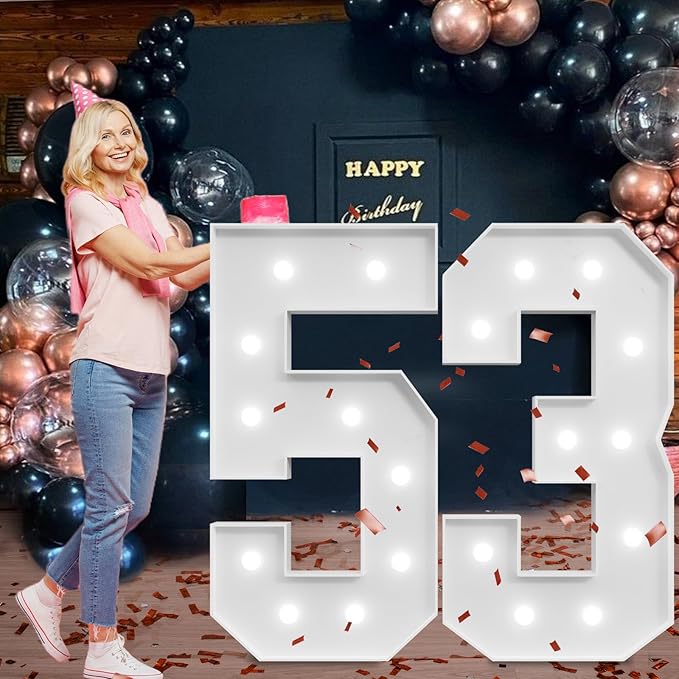 Marquee Numbers Large 53rd-Birthday Decorations: 4ft Light Up Number Party Decor 53 Year Old Women And Men 35th Birthday Decoration Backdrop Anniversary Cardboard Big Mosaic Balloon Frame Number 53
