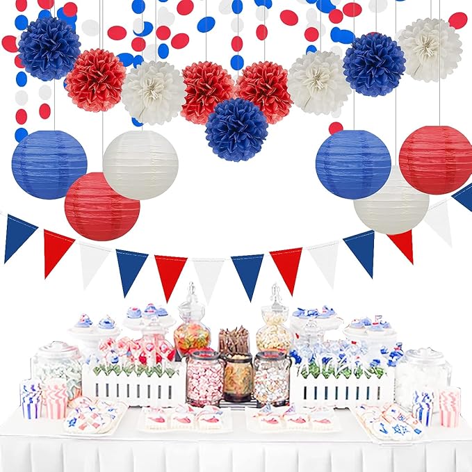 Red White Blue Party Decorations - 52Ft Paper Streamers Birthday Garland National Day Patriotic American Theme Labor Day Decor HongTongTong
