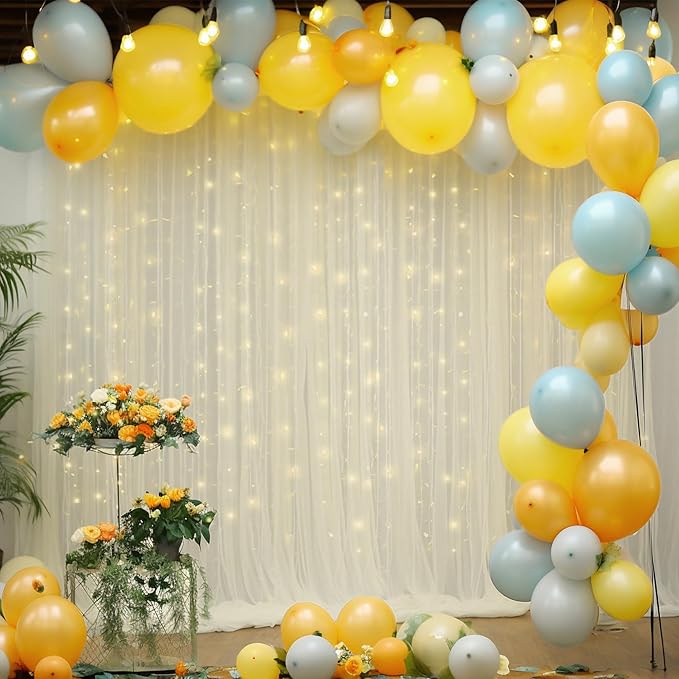 10×10ft Cream White Tulle Backdrop Curtain with Lights String for Parites, Sheer Photo Curtain Backdrop Drapes for Wedding Party Photography Backgrounds