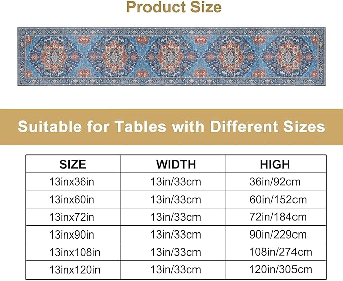 Boho Floral Vintage Table Runner, Retro Abstract Blue Flower Rustic Country Farmhouse Pattern for Home Kitchen Table Decor Dining Coffee Room Party Decor 13x60in