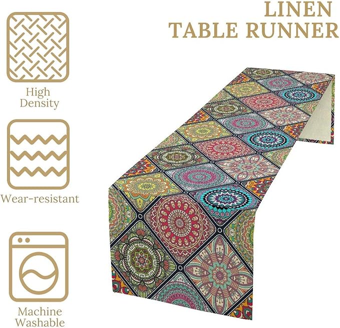 Boho Bohemian Table Runner, Vintage Indian Floral Print Table Cover for Farmhouse Kitchen Dining Table Decor Holiday Party, 13x60inch