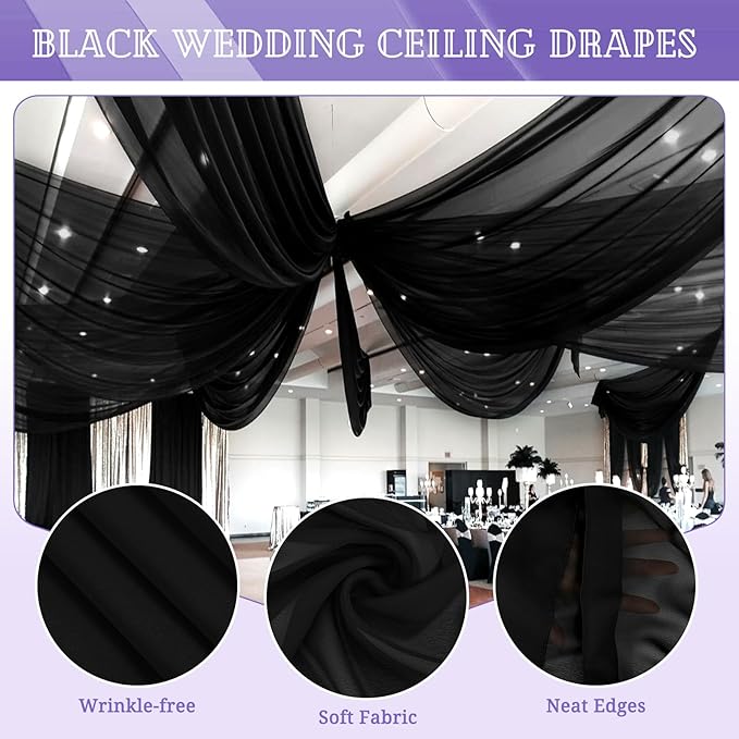 6 Panels Black Ceiling Drapes for Wedding 5ftx10ft Chiffon Fabric Arch Draping Curtains Sheer Drapery for Party Ceremony Birthday Baby Shower Reception Stage Swag Ceiling Decorations