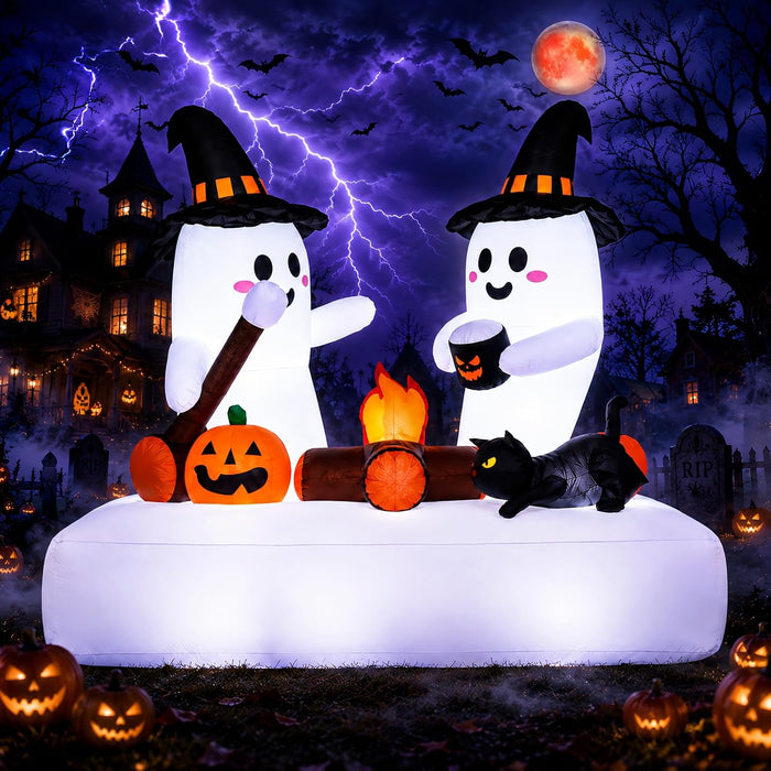 Halloween Inflatables Outdoor Decorations, 5.5FT Blow Up Yard Decorations Twin Ghosts with Campfire Pumpkin Black Cat, Built-in LED Lights, 7 Stakes 3 Hooks for Lawn Porch Party
