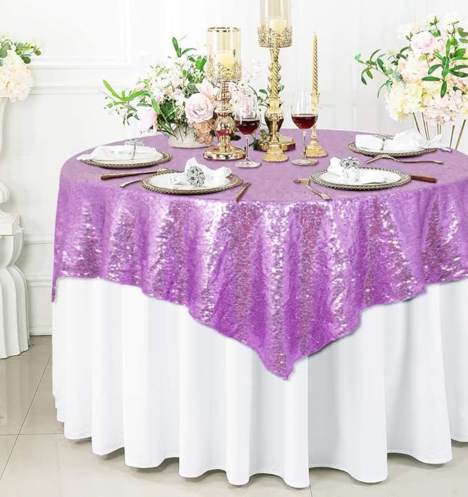 ShinyBeauty 72x72 Inch Square Sequin Tablecloth Overlay - Lavender Shimmer Wedding Table Cover for Cocktail Party, Light Purple Sparkling Cake Table Decoration