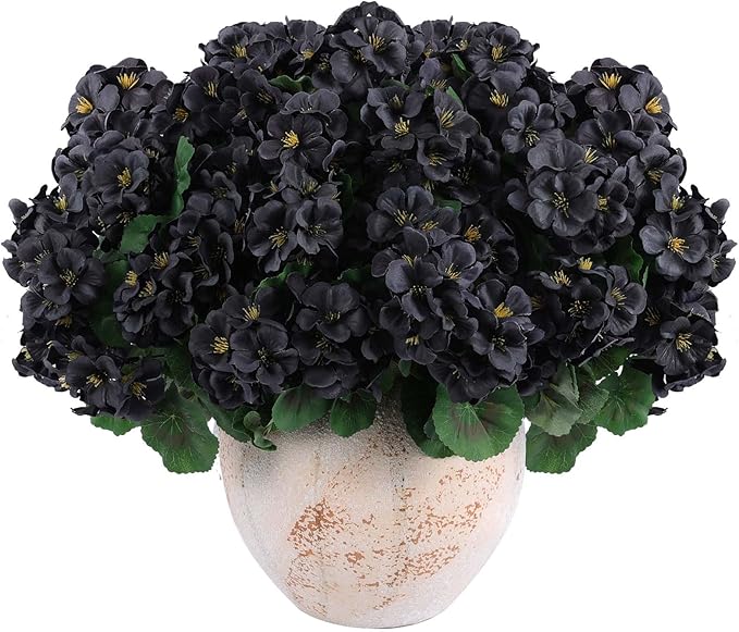 Hananona 12 Pcs Artificial Geranium Flowers for Outdoors Geranium Silk Flowers Outdoor UV Resistant Garden Plants Faux Black Flower for Home Kitchen Halloween Table Centerpieces Decor (12, Black)