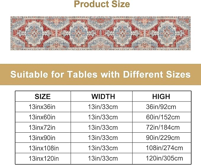 Boho Floral Vintage Table Runner, Retro Blue Red Flower Rustic Country Farmhouse Abstract Pattern for Home Kitchen Table Decor Dining Coffee Room Party Decor 13x120in