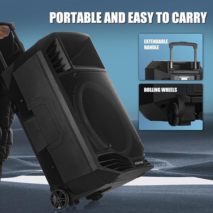 EXOTON S-1501 15 Inch Portable Rechargeable PA Speaker - 1600W, Bluetooth, TWS, USB/RCA, 2 UHF Mics, Remote, 7-Color Lights, DSP with 4 Scene Presets, 5-Band EQ