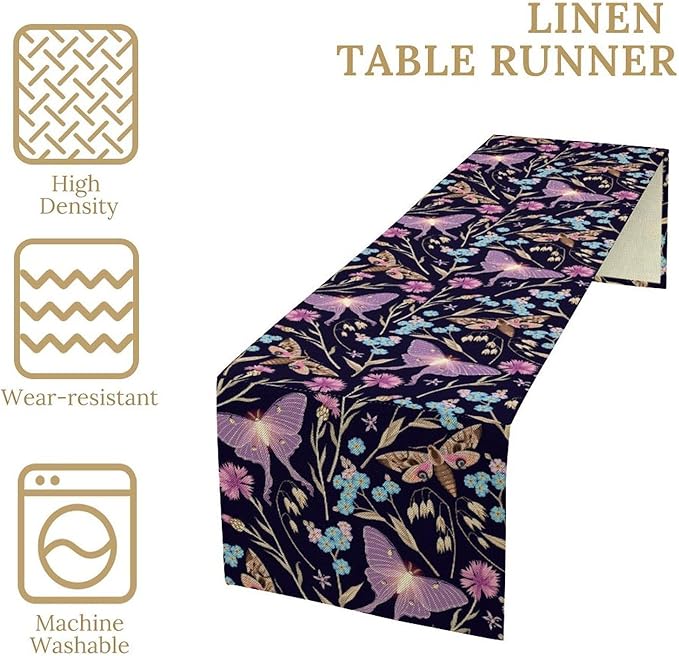 Moth Table Runner, Boho Aesthetic Moth Magic Table Runner for Home Kitchen Dining Party Indoor Outdoor Decoration 13x90 Inch