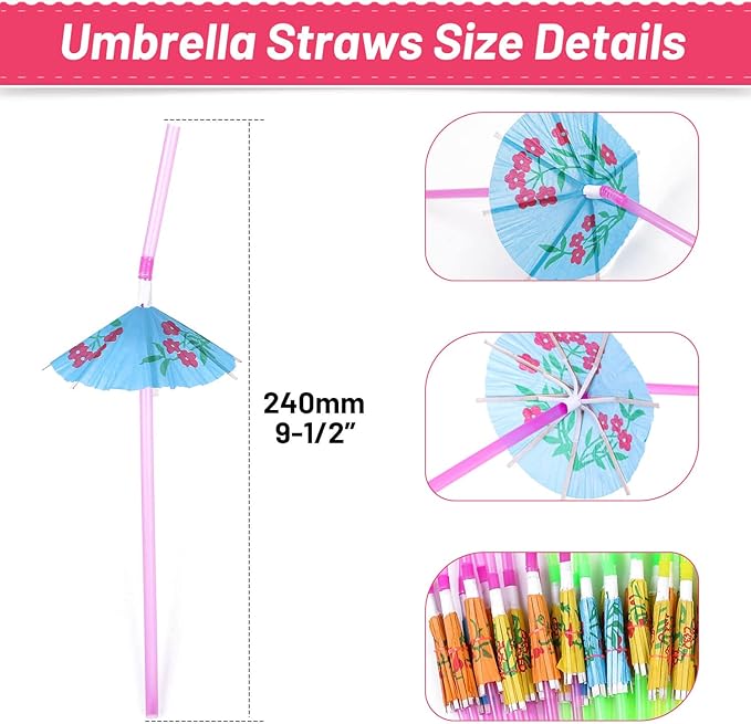 Paxcoo 50pc Umbrella Straws for Cocktails, Tropical Hawaiian Luau Party Decorations (Assorted Colors)
