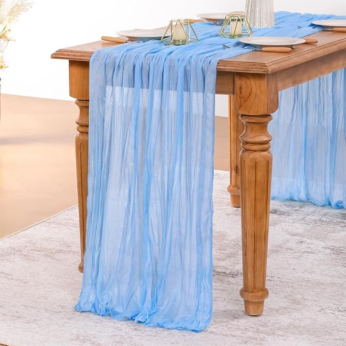 MLMW 3 Pack Light Blue Cheesecloth Table Runner Boho Gauze Rustic Cheese Cloth 160 inch Sheer Baby Blue Coastal Table Runner 13.3ft for Wedding Party Baby Bridal Shower Birthday
