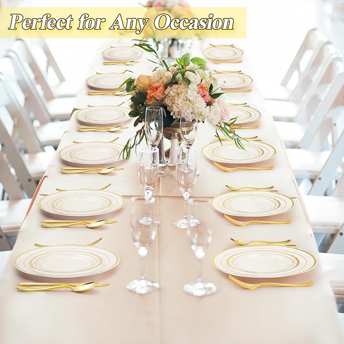 100PCS Clear Gold Plastic Plates Set, 50 10.25 inch Dinner Plates and 50 7.5 inch Dessert Plates, Disposable Plates for Party, Wedding