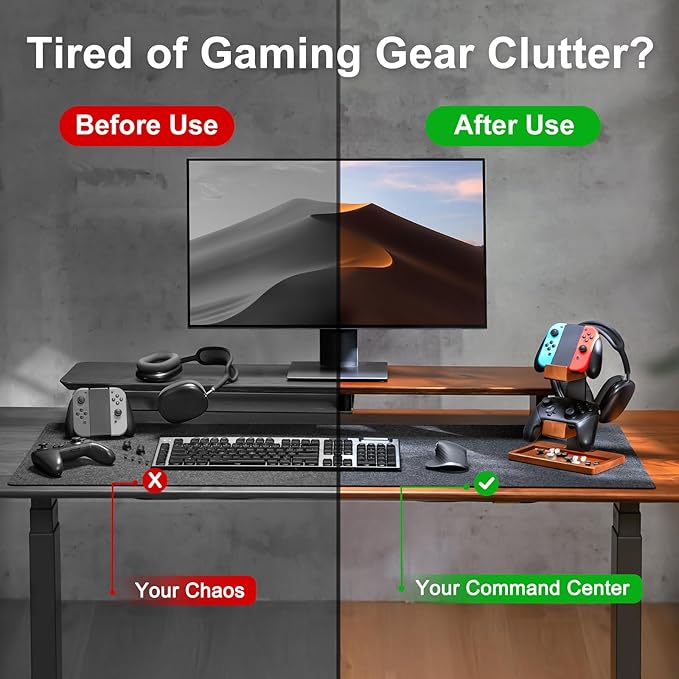 Solid Wood Controller Holder and Headphone Stand, Gaming Controller Stand for Desk, Dual Controller Organizer Rack, Fits Xbox, PS4, PS5, Gamepad, Headset Holder for Son, Husband, Boyfriend