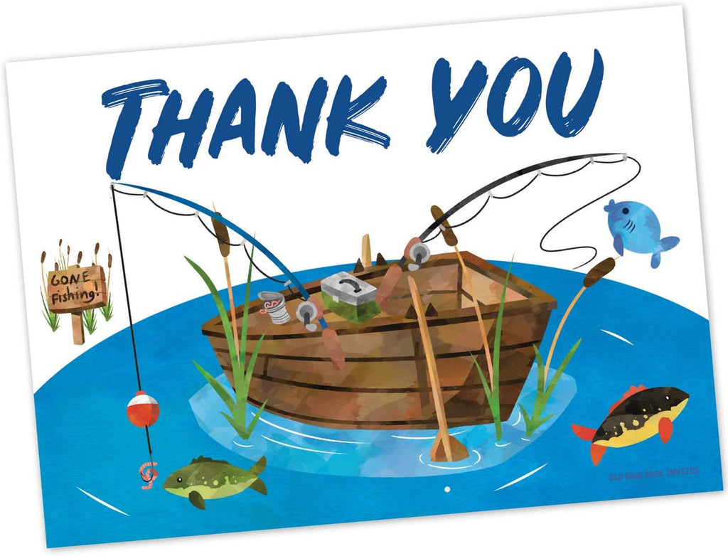 Old Blue Door Invites Fishing Thank You Cards (20 Count with Envelopes) - Fishing Birthday Thanks for Kids and Adults
