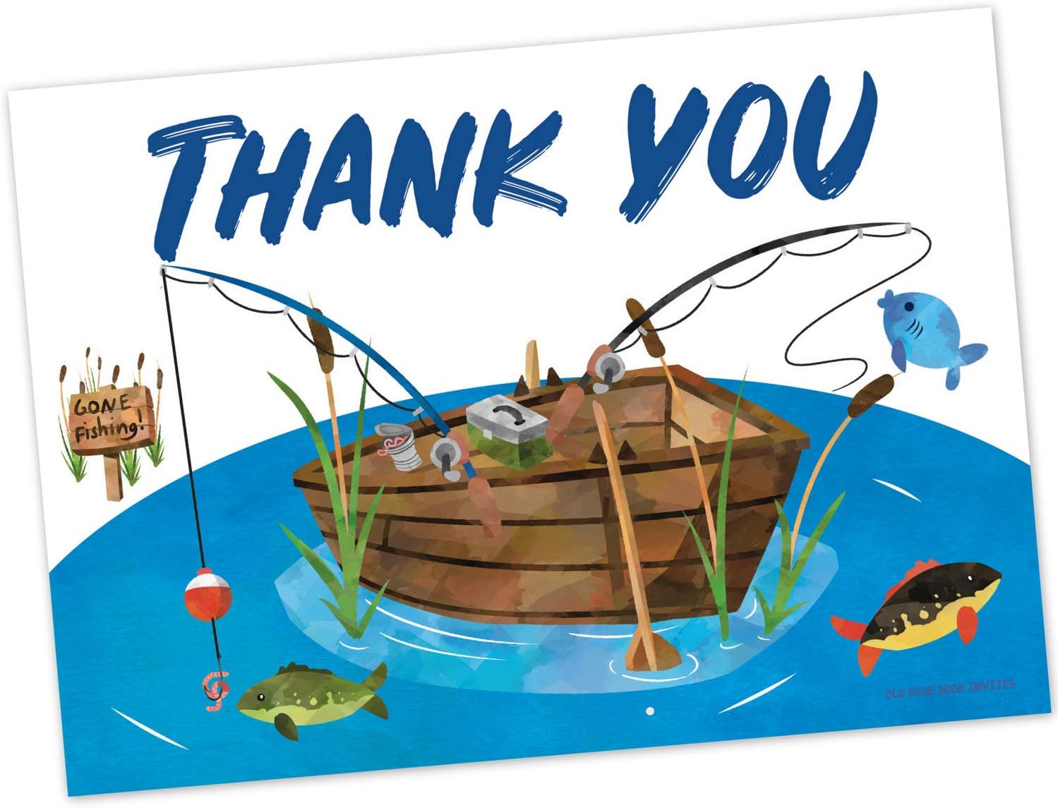 Old Blue Door Invites Fishing Thank You Cards (20 Count with Envelopes) - Fishing Birthday Thanks for Kids and Adults