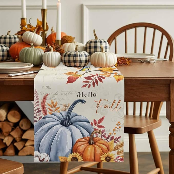 Thanksgiving Fall Cotton Linen Table Runner for Dining Kitchen, Blue Pumpkins Rustic Wedding Outdoor Party Autumn Tablerunners Decoration, Leaves Dresser Scarf Coffee Tablecloth Runners 13x36 Inches