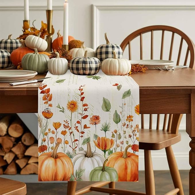 Fall Wildflowers Cotton Linen Table Runner for Dining Kitchen, Thanksgiving Pumpkin Outdoor Party Rustic Tablerunners Decoration,Botanical Floral Vintage Dresser Scarf Tablecloth Runners 13x120 Inches