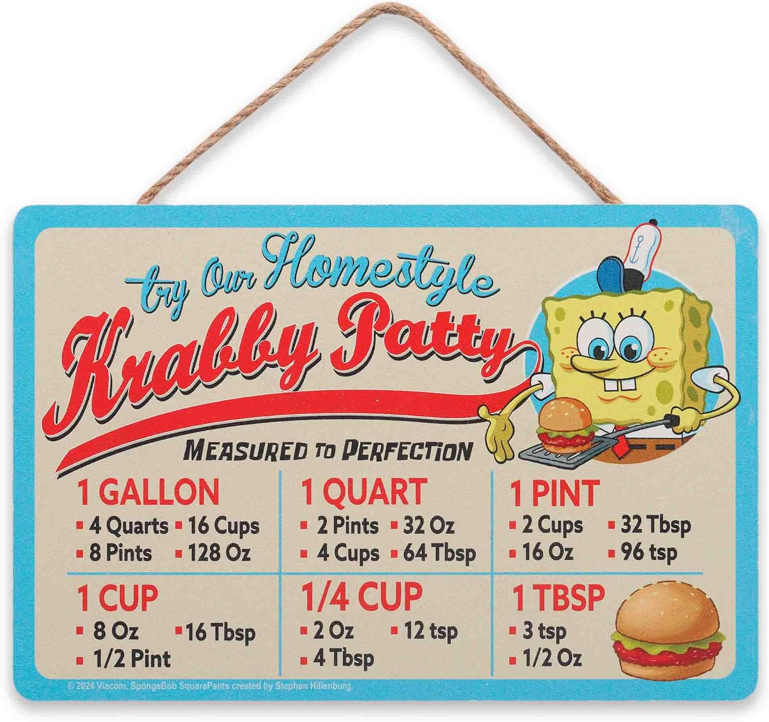 SpongeBob SquarePants Krabby Patty Kitchen Hanging Wood Measuring Sign - Fun SpongeBob Kitchen Conversion Chart for Home