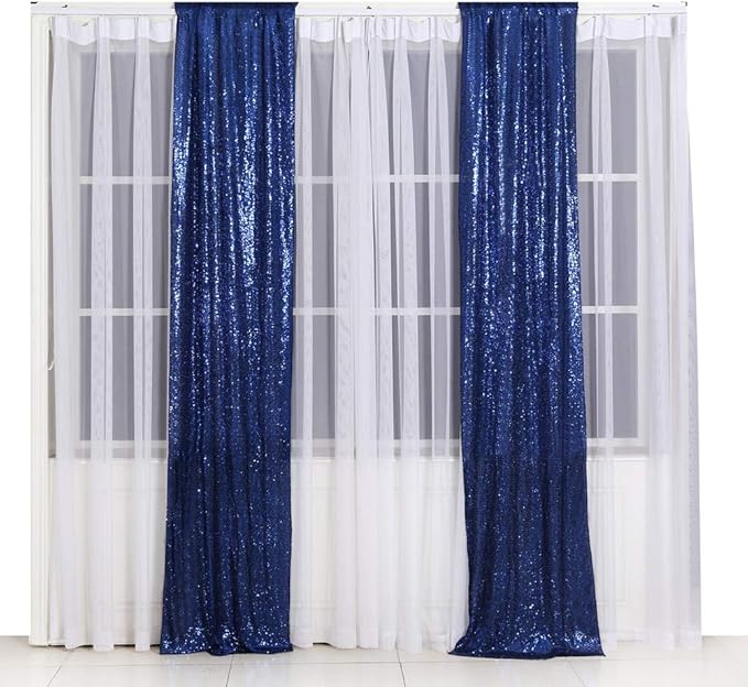SquarePie Sequin Backdrop Non-Transparent Background Sparkly Curtain for Wedding Party 2FT x 8FT Navy Blue 2pcs