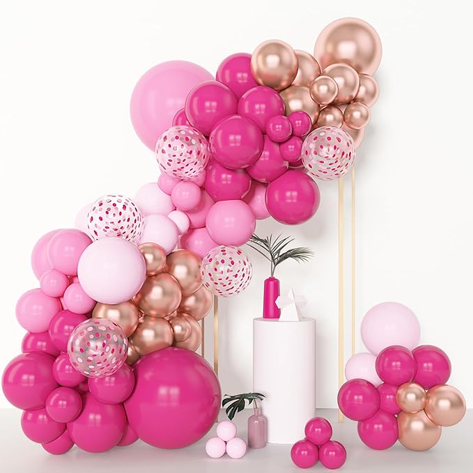 Amandir 153pcs Pink Balloon Garland Arch Kit, Different Sizes 18 12 10 5 inch Hot Pink Latex Metallic Confetti Rose Gold Balloons for Birthday Baby Shower Wedding Party Decorations