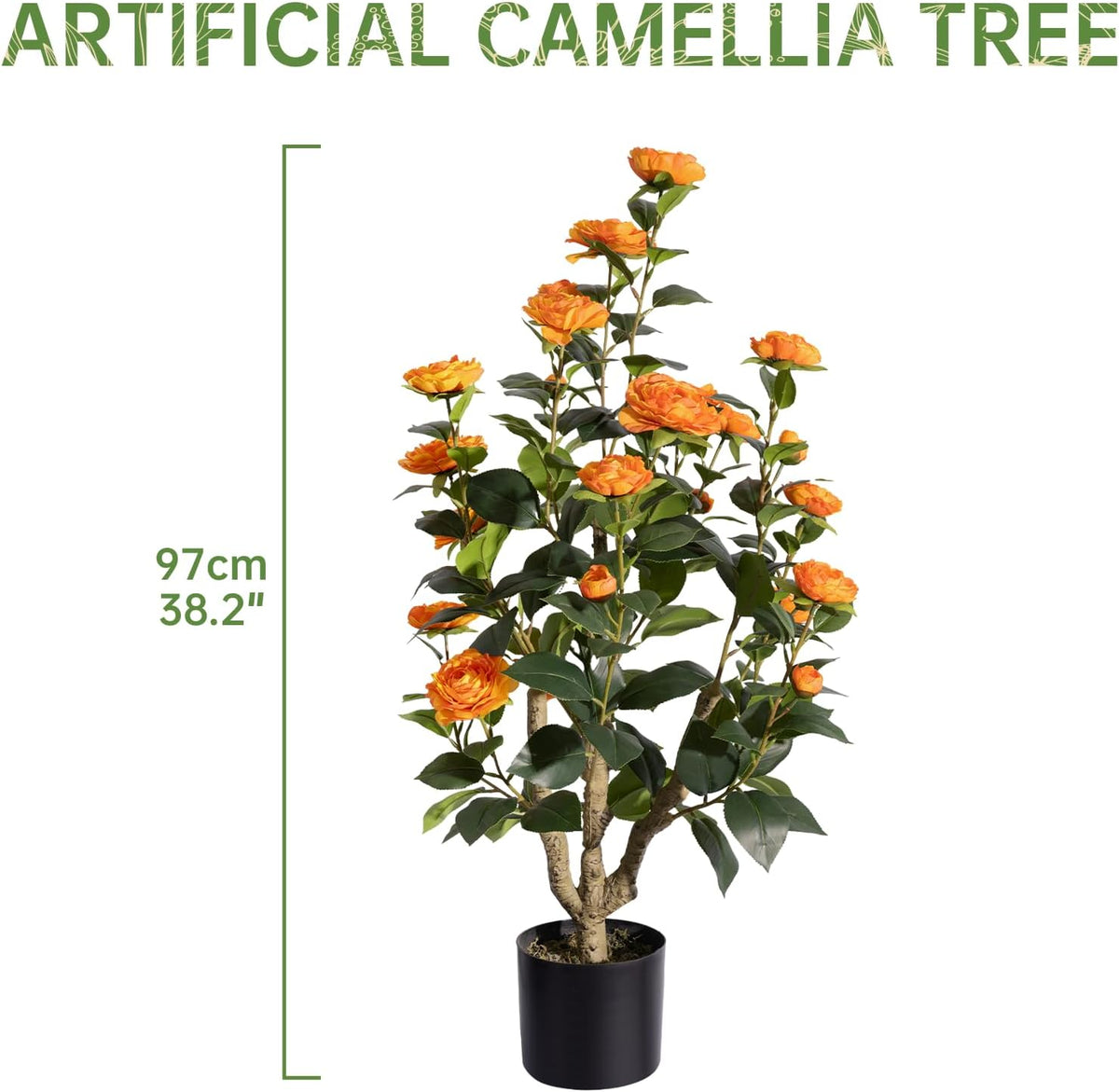 romantic season 2pack artificial camellia tree 3ft, orange on a desk or shelf