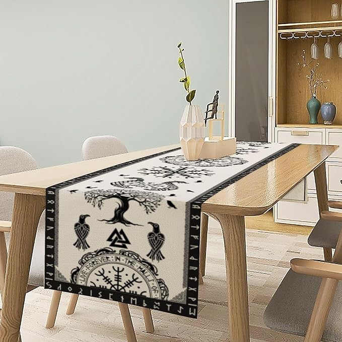Ancient Abstract Pattern Table Runner, Tree of Life Eagle Dragon Boat Rudder Black and White Table Runner for Party Kitchen Dinner Cafe Bedroom Living Room Outdoor 13x70 Inch