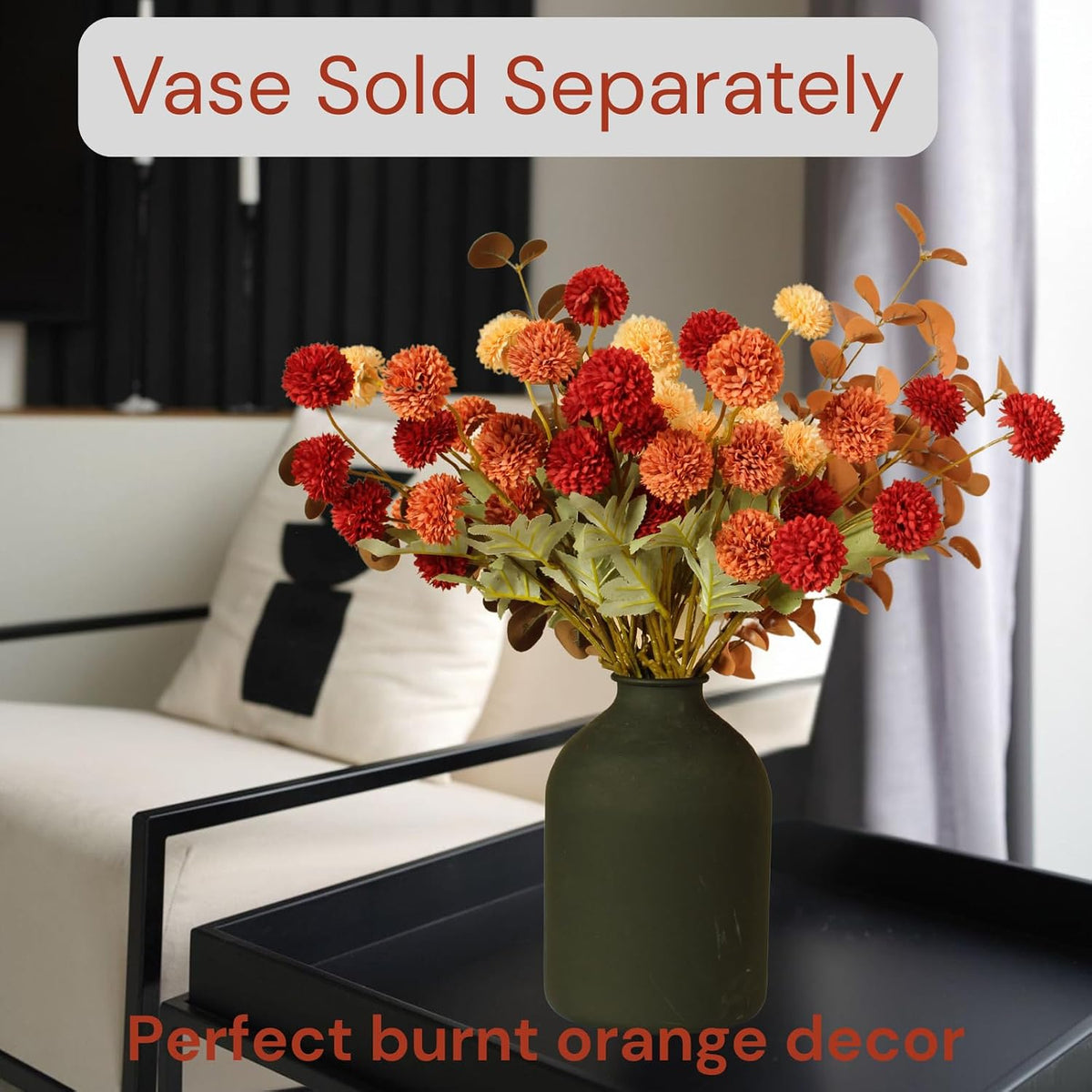 faux fall flowers, burnt orange artificial floral stems, front angle view