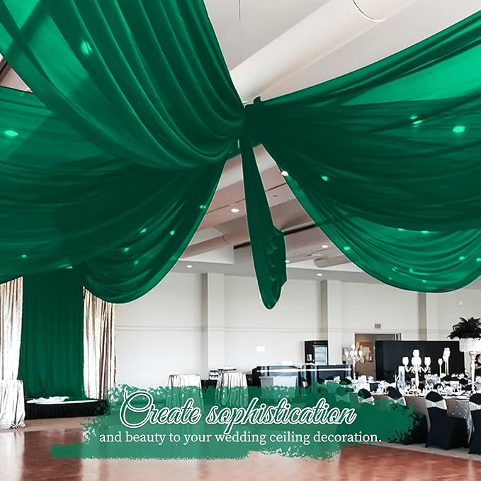 6 Panels Emerald Green Wedding Ceiling Drapes 5ftx30ft Ceiling Drapes Chiffon Fabric Arch Draping Sheer Curtains Soft Drapery Draping Wedding Ceiling Decorations for Party Ceremony Stage Swag