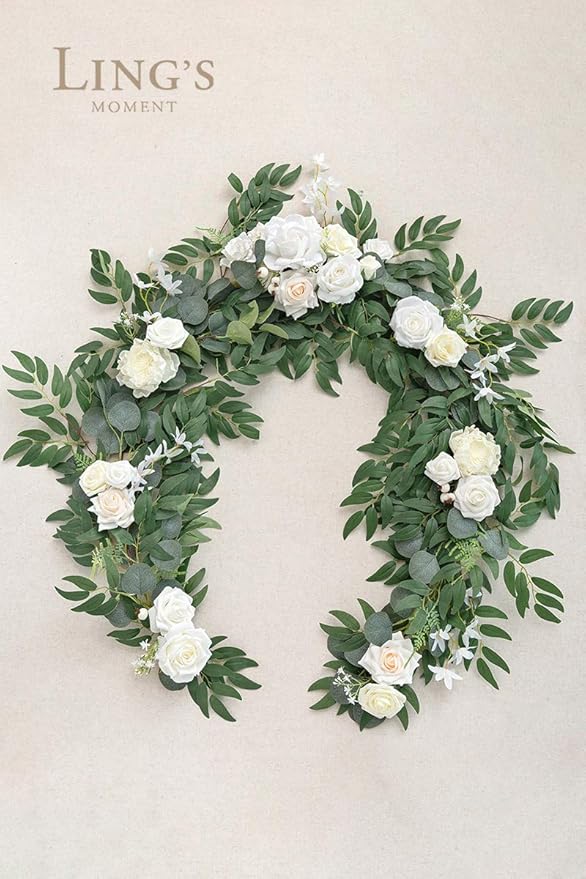 Ling's Moment Flower Garland - 6FT Eucalyptus & Rose - Sweetheart Table Decor for Wedding Reception, Artificial Floral Garland for Mantle, Spring Garden Ceremony, Christmas Decoration, Ivory White