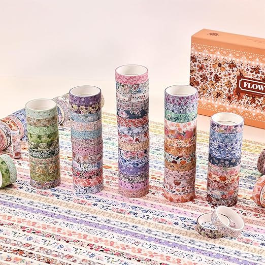 60 Rolls Flowers Theme Washi Tape Set with Different Colorful Patterns, Writable Decorative Tapes for Scrapbooking, Bible Journaling, Bullet Journaling, 0.39'' x 79'' per Roll