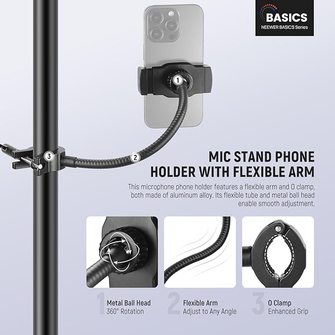NEEWER BASICS Mic Stand Phone Holder with Flexible Arm, 360° Ball Head Boom Arm Microphone Floor Music Stand Cell Phone Mount Compatible with iPhone Android Samsung Video Recording, MS009