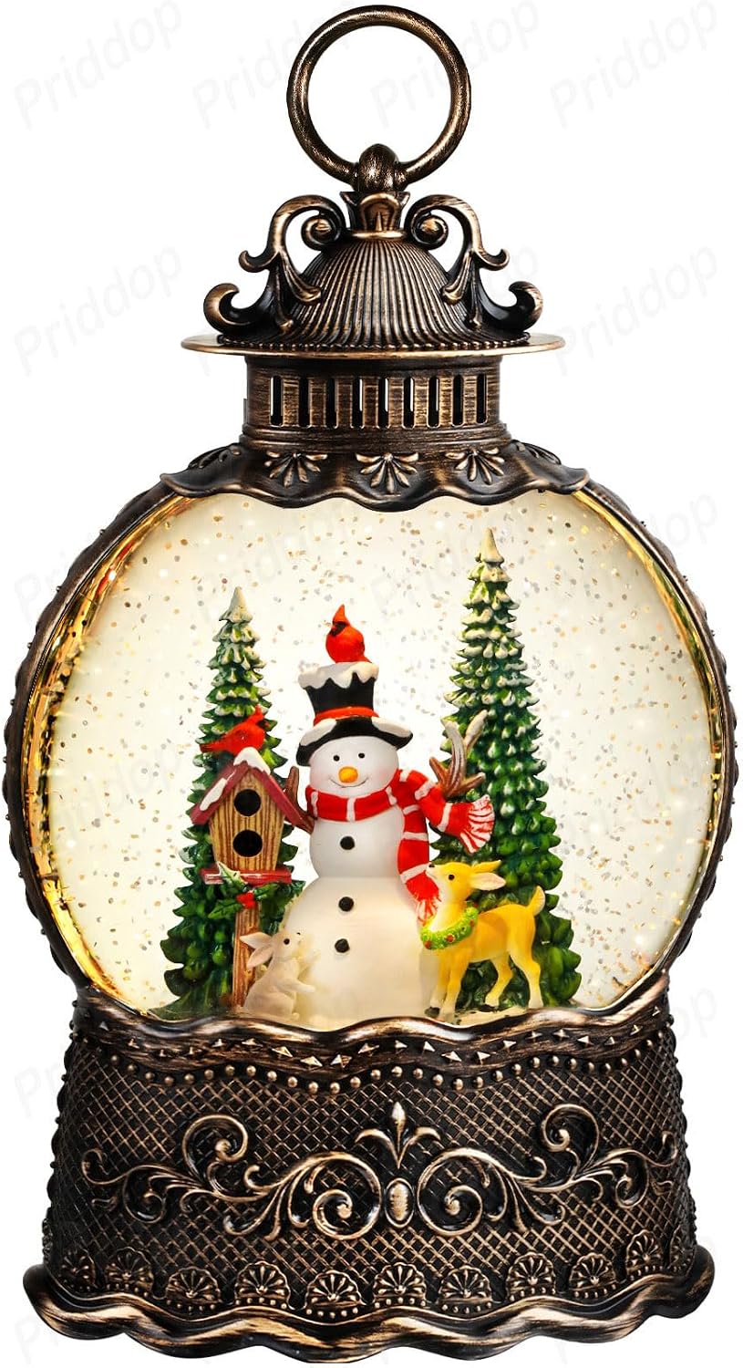 Priddop Snowman Snow Globe Christmas Decorations Indoor Deer Cardinal Snowman Gifts Classic Relief Texture Musical Glitter Snowfall USB/Battery Timer Lantern 10.6 inch