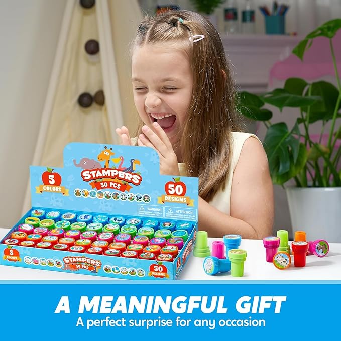 JOYIN 50 Pcs Animal Stamps for Kids, with 50 Different Designs, Farm,Sea Animals,Stamps for Crafting, Prize Box Toys for Classroom, Kids Party Favor, Goodie Bag, Halloween, Christmas