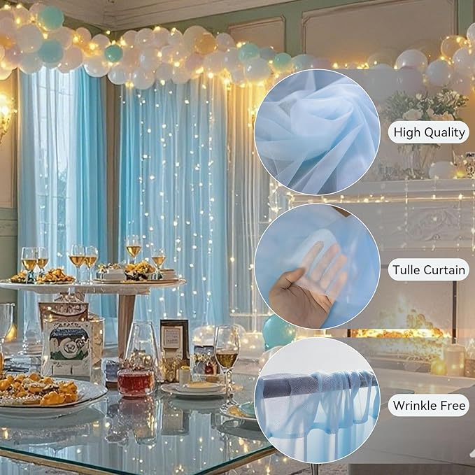 10×8ft Tulle Backdrop Curtains with Lights String - 300LED Fairy Lights Sheer Curtain Backdrop for Weddings Baby Shower and Birthday Party Decorations(6 Panels 5×8ft)