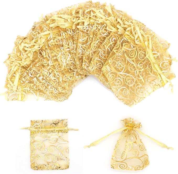 Staruby Organza Gift Bag 100Pcs Gold Sheer Organza Bag Mesh Favor Bags Drawstring Jewelry Rattan Printed Gift Pouches for Wedding Party Favors Couple Shower Christmas Gifts Candy Bags (3x4 Inches)