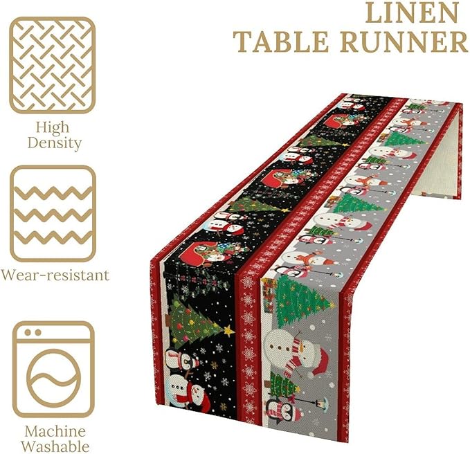 Christmas Table Runner,Cartoon Snowman Tree Xmas Deer Elk Santa Claus Print Tablecloth Burlap for Hotel Indoors Outdoor Dining Room Kitchen Home Decor,W13X L80 in